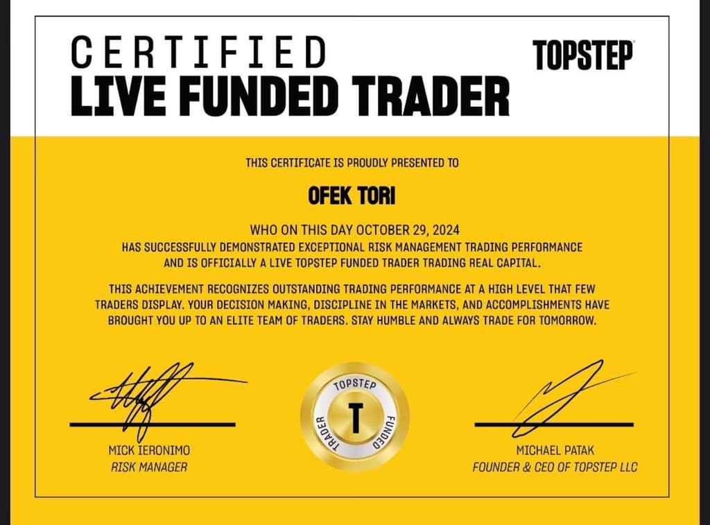 אישור Live Funded Trader של אופק טורי ב-TopStep